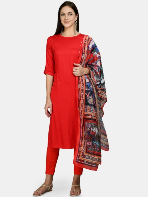 

Myshka Women Red Panelled Pure Cotton Kurti with Trousers & With Dupatta