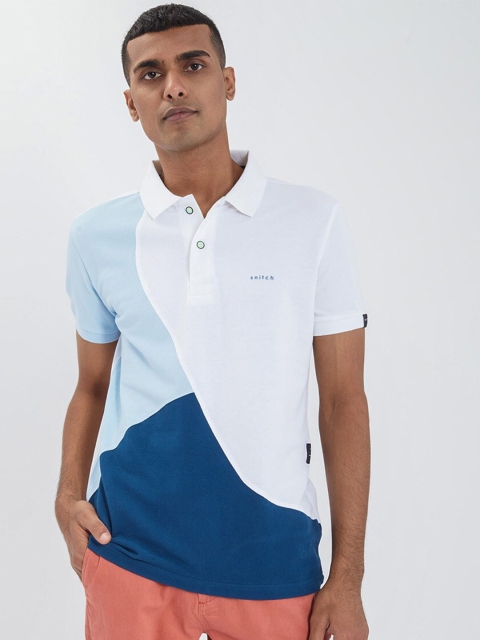 

Snitch Men Blue Polo Collar Applique Slim Fit T-shirt