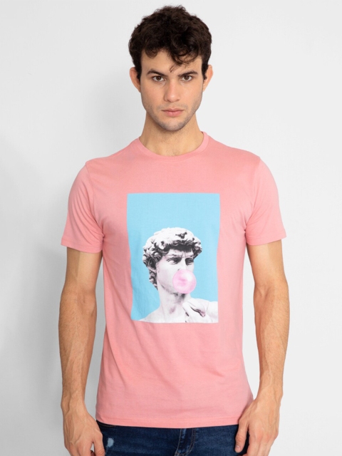 

Snitch Men Pink Typography Printed Tropical Applique Slim Fit T-shirt
