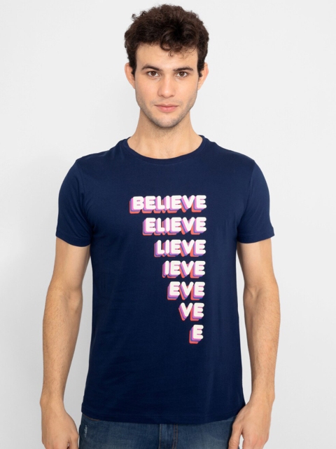 

Snitch Men Blue Typography Printed Raw Edge Slim Fit T-shirt
