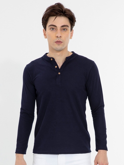 

Snitch Men Blue Henley Neck Slim Fit T-shirt