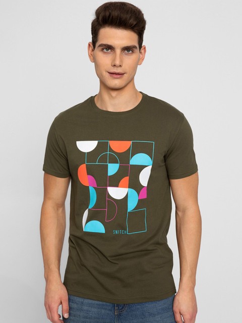 

Snitch Men Olive Green Printed Applique Slim Fit T-shirt