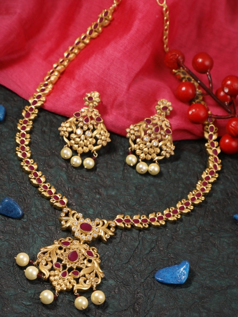 

Adwitiya Collection Gold-Plated Red Stone Studded & Beaded Jadau Jewellery Set