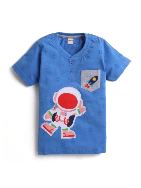 

Hopscotch Boys Blue Printed V-Neck Applique T-shirt