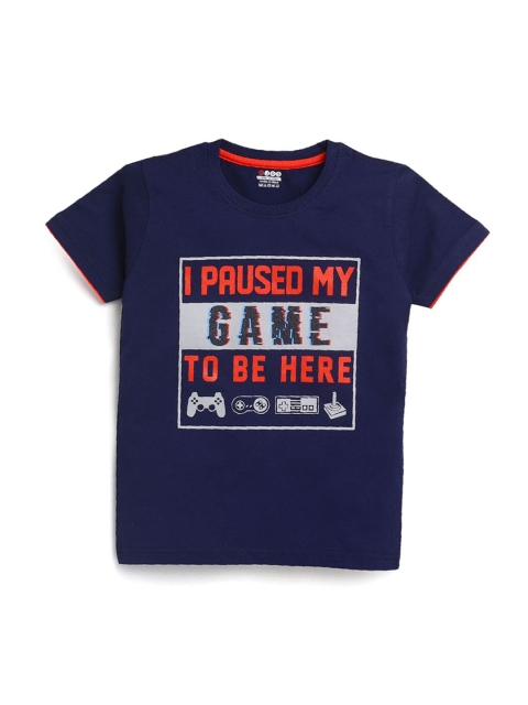 

Hopscotch Boys Navy Blue Typography Printed Cotton T-shirt