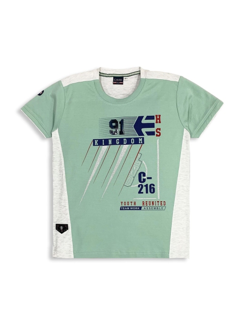 

Hopscotch Boys Green Typography Printed V-Neck Applique T-shirt