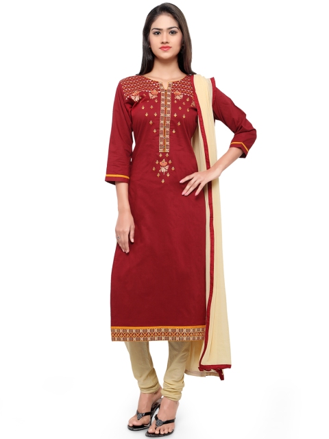 

Kvsfab Maroon & Beige Cotton Embroidered Unstitched Dress Material