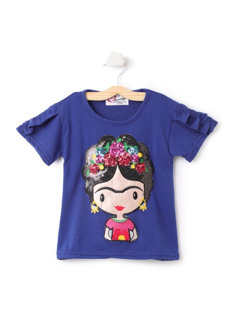 

Hopscotch Girls Blue Printed Mandarin Collar Extended Sleeves Applique T-shirt