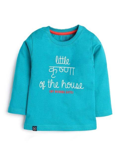 

Hopscotch Boys Turquoise Blue Typography Printed T-shirt