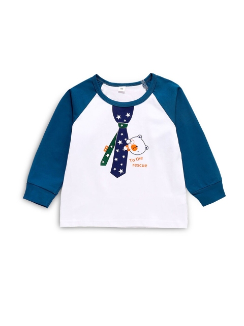 

Hopscotch Boys White & Blue Printed Relaxed Fit T-shirt