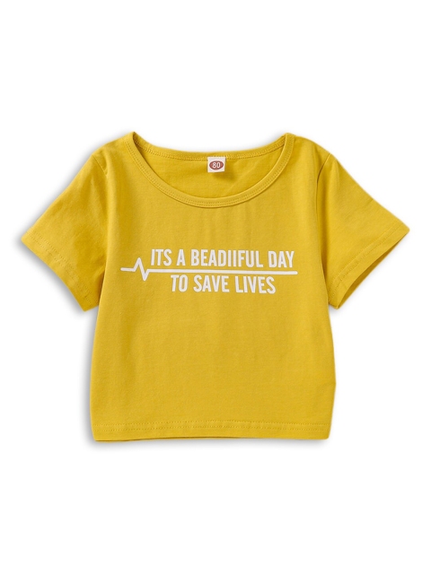

Hopscotch Girls Yellow Typography Printed T-shirt