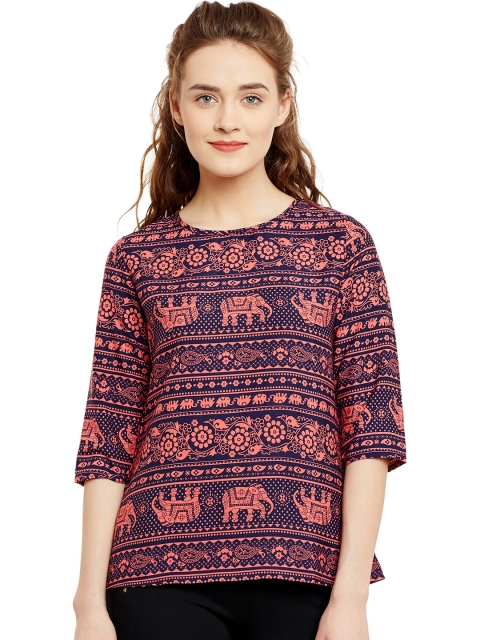 

Ruhaans Women Navy & Pink Printed Top, Navy blue