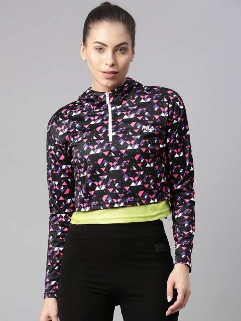 

FILA Women Black Printed Hooded Crop Sweatshirt