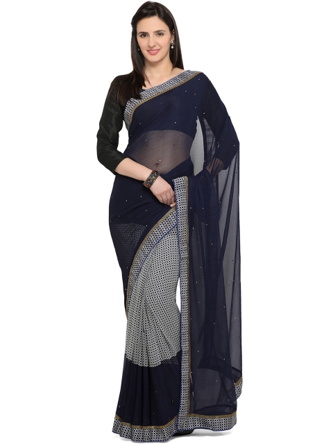 

Lehja Navy & White Chiffon Printed Saree, Navy blue