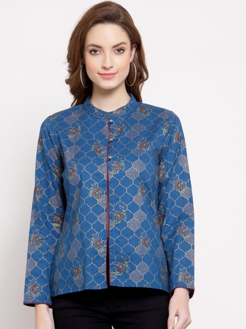 

Myshka Women Blue Geometric Cotton Tailored Jacket
