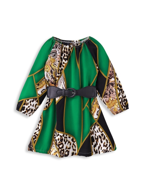 

Hopscotch Girls Green & Black Animal Printed Belted Dress