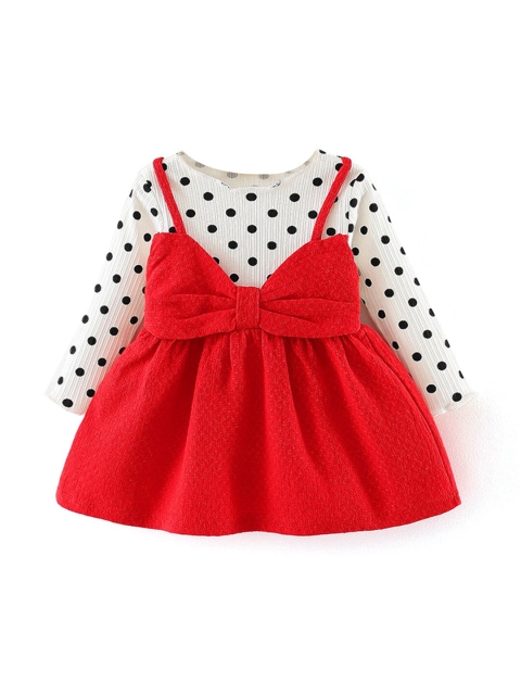 

Hopscotch Girls Red & White Polka Dots Printed Pinafore Dress