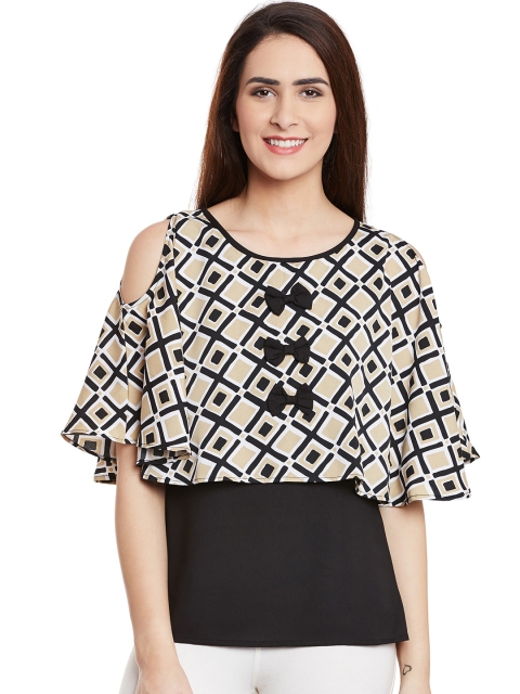 

Ruhaans Women Beige Printed Cold Shoulder Layered Top