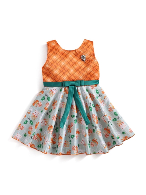 

Hopscotch Girls Orange & Green Cotton Fit & Flare Dress