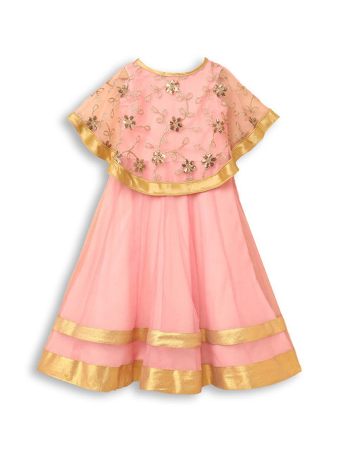 

Hopscotch Girls Peach-Coloured & Gold-Toned Floral Embroidered Layered Dress