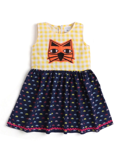 

Hopscotch Girls Yellow & Navy Blue Checked Applique Dress