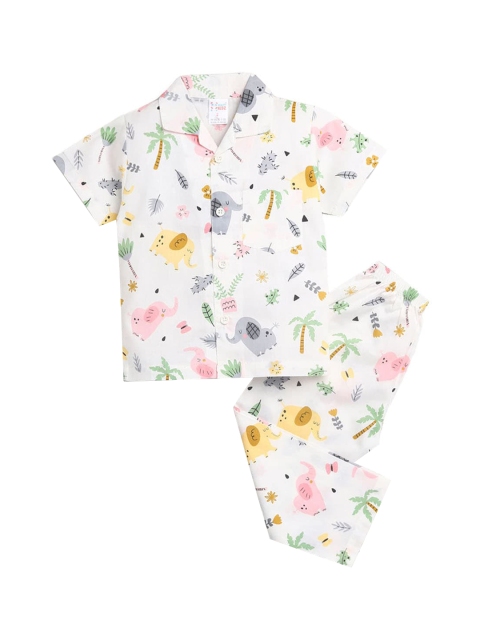 

Hopscotch Boys White & Blue Printed Pure Cotton Night suit