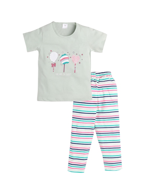 

Hopscotch Girls Green & White Printed Pure Cotton Night suit