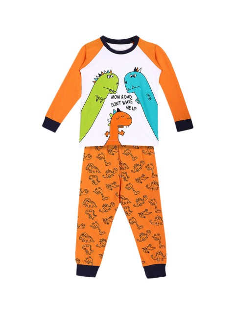 

Hopscotch Boys Orange & White Printed Cotton Sleep Suit