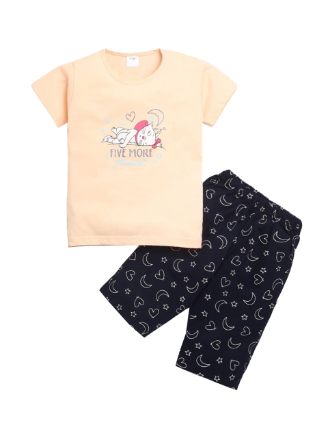 

Hopscotch Girls Black & Peach-Coloured Printed Night suit