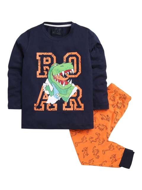 

Hopscotch Boys Navy Blue & Orange Printed Night suit