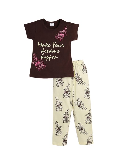 

Hopscotch Girls Brown & Yellow Printed Night suit