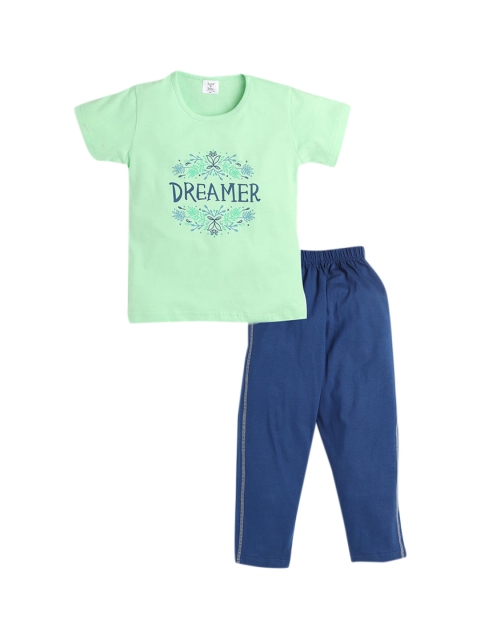 

Hopscotch Girls Green & Blue Printed Cotton Night suit