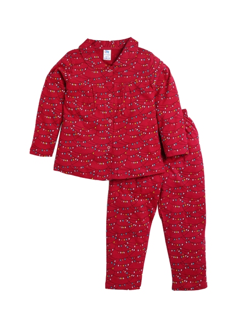 

Hopscotch Girls Maroon & Blue Printed Cotton Night suit