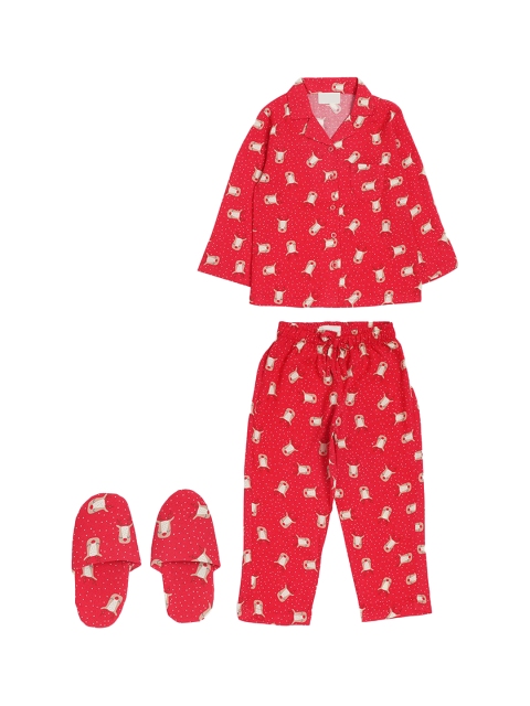 

Hopscotch Girls Red & White Printed Night suit With Slippers