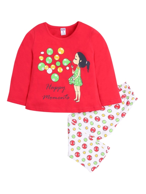 

Hopscotch Girls Red & White Printed Night suit