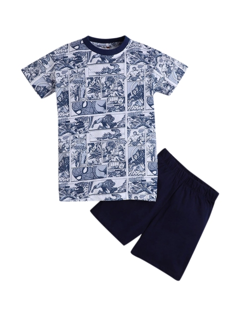 

Hopscotch Boys Navy Blue Printed Cotton Night suit