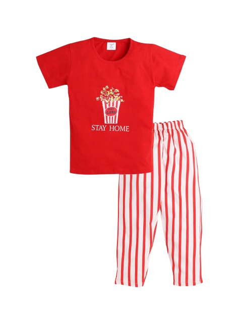 

Hopscotch Girls Red & White Printed Cotton Night suit