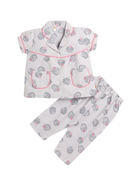 

Hopscotch Girls Grey & Pink Printed Cotton Night suit