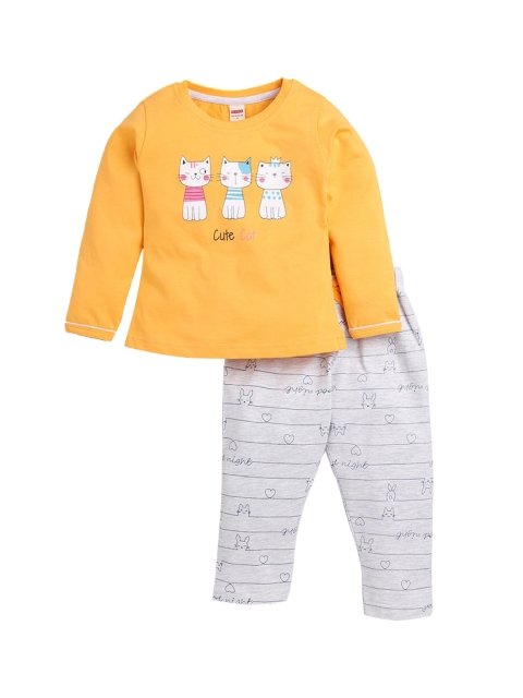 

Hopscotch Girls Yellow & Grey Printed Night suit