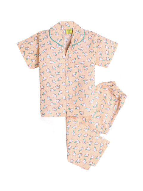 

Hopscotch Girls Peach-Coloured & White Printed Cotton Night suit