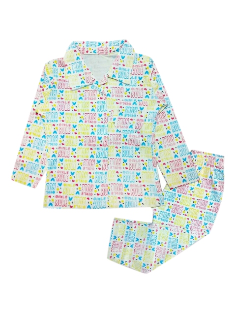 

Hopscotch Girls White & Yellow Printed Cotton Night suit