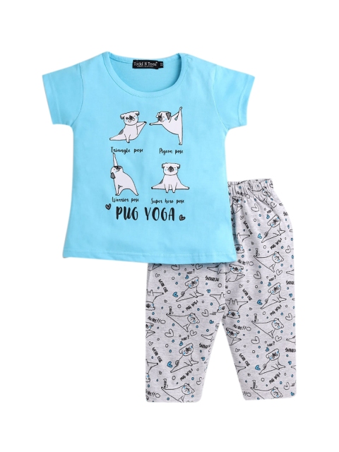 

Hopscotch Girls Blue & Grey Printed Night suit