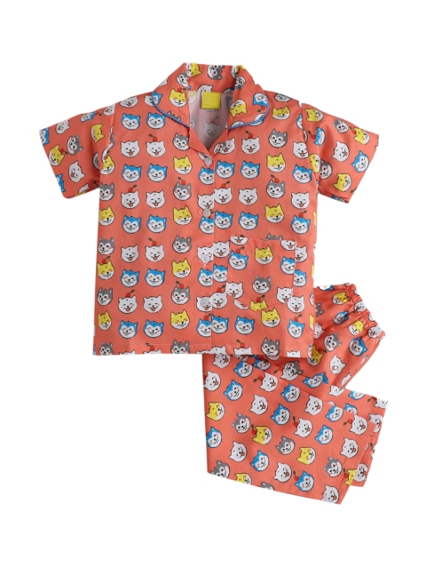 

Hopscotch Girls Peach-Coloured & White Printed Night suit