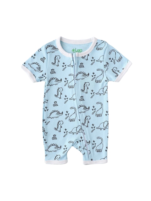 

Hopscotch Infant Kids Blue & Black Printed Cotton Rompers