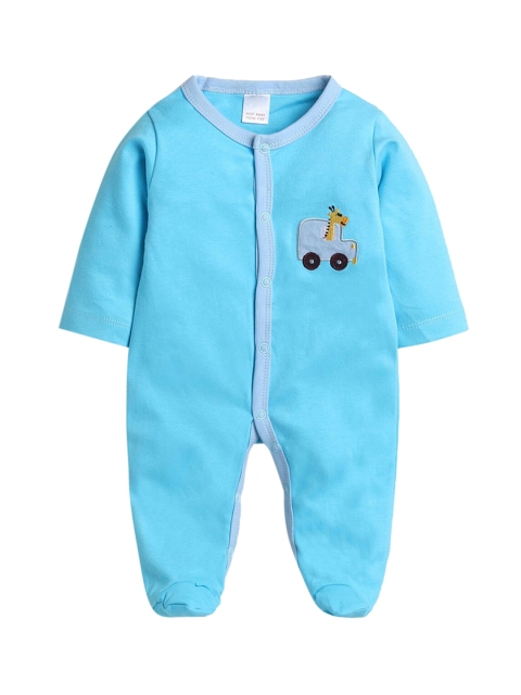 

Hopscotch Infant Kids Blue Cotton Text Printed Sleepsuit