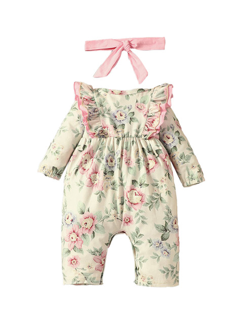 

Hopscotch Infants Girls Off White & Pink Floral Printed Bodysuit With Headband, Multi