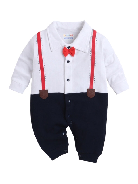 

Hopscotch Infant Boys Navy Blue & White Solid Cotton Rompers