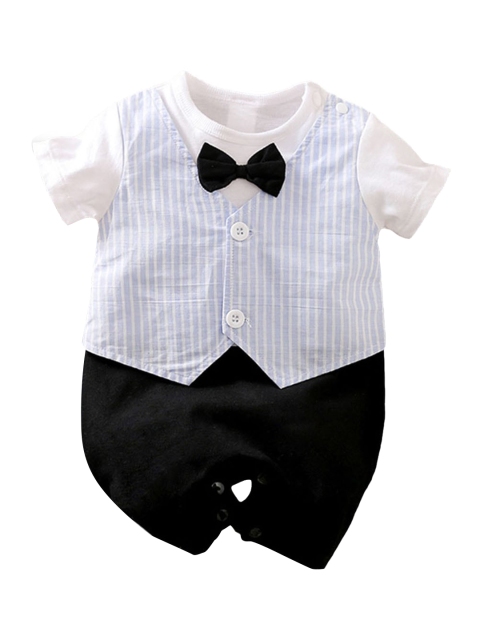 

Hopscotch Infant Boys Blue & White Printed Cotton Rompers