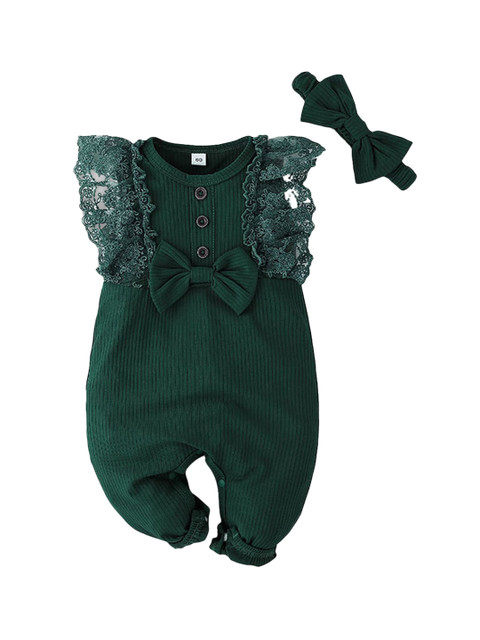 

Hopscotch Infant Girls Green Embellished Rompers with Headband
