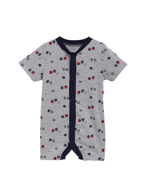 

Hopscotch Infant Kids Grey & Red Printed Cotton Rompers